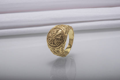 vkngjewelry Ring Handcrafted Vegvisir Symbol with Urnes Style Gold Ring