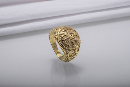 vkngjewelry Ring Handcrafted Vegvisir Symbol with Urnes Style Gold Ring