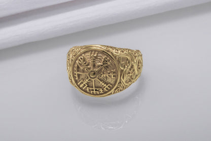 vkngjewelry Ring Handcrafted Vegvisir Symbol with Urnes Style Gold Ring