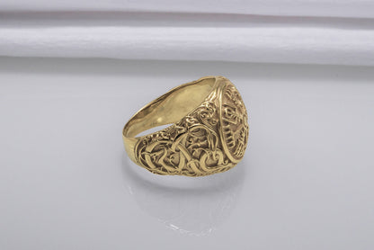 vkngjewelry Ring Handcrafted Vegvisir Symbol with Urnes Style Gold Ring