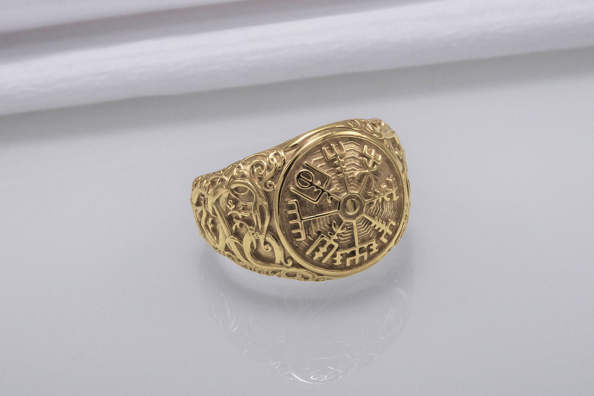 vkngjewelry Ring Handcrafted Vegvisir Symbol with Urnes Style Gold Ring