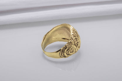 vkngjewelry Ring Handcrafted Vegvisir Symbol with Urnes Style Gold Ring
