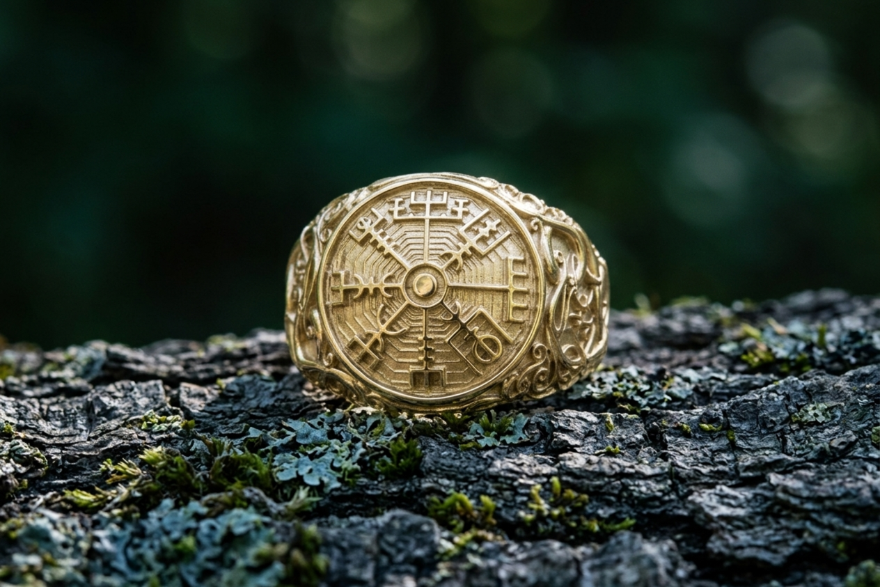 vkngjewelry Ring Handcrafted Vegvisir Symbol with Urnes Style Gold Ring