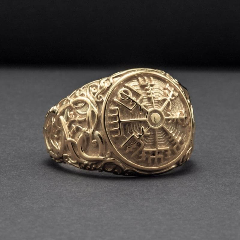 vkngjewelry Bagues Vegvisir Symbol with Urnes Style Gold Ring