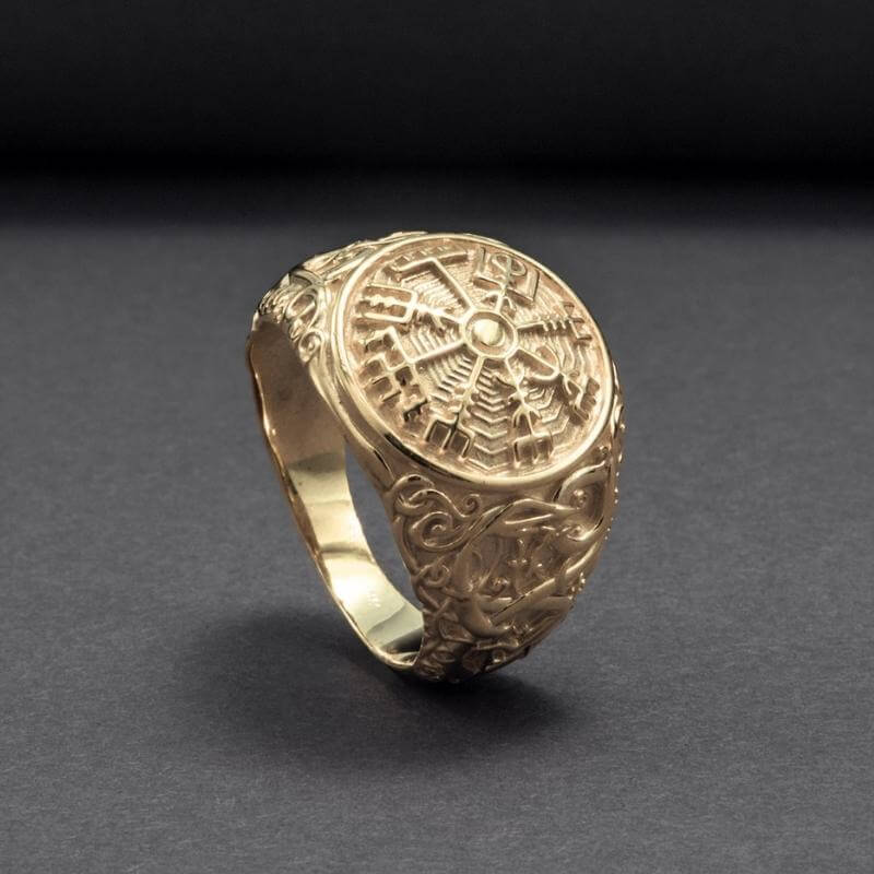 vkngjewelry Bagues Vegvisir Symbol with Urnes Style Gold Ring