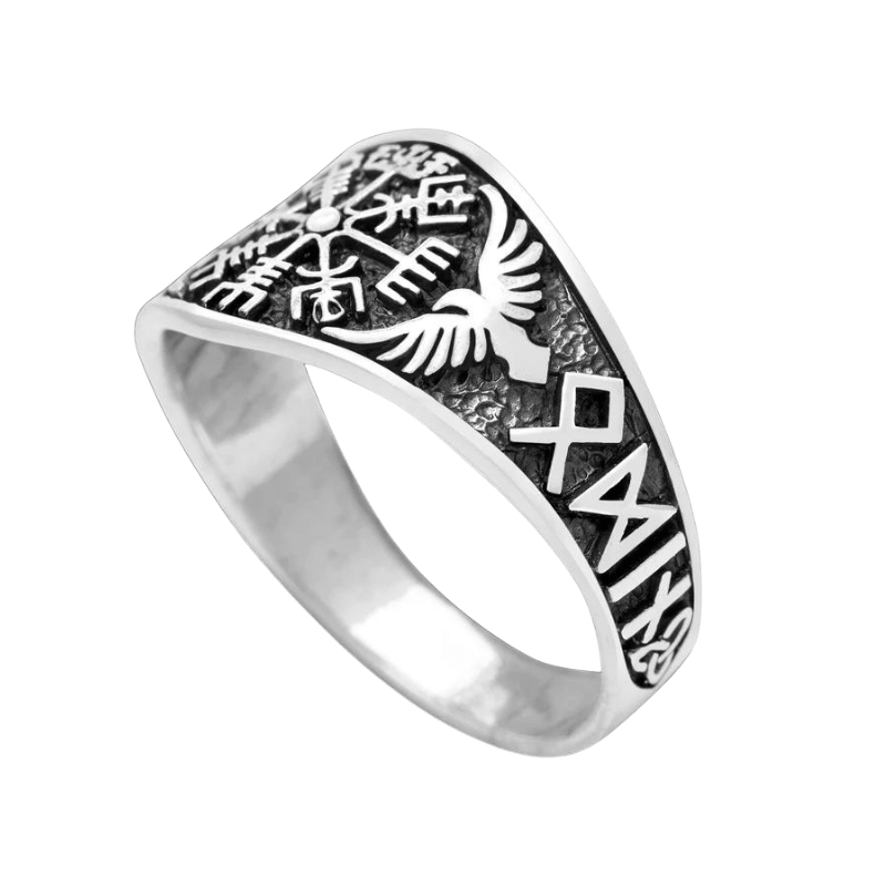 vkngjewelry Bagues VEGVISIR WITH RAVEN AND RUNES RING 925 STERLING SILVER