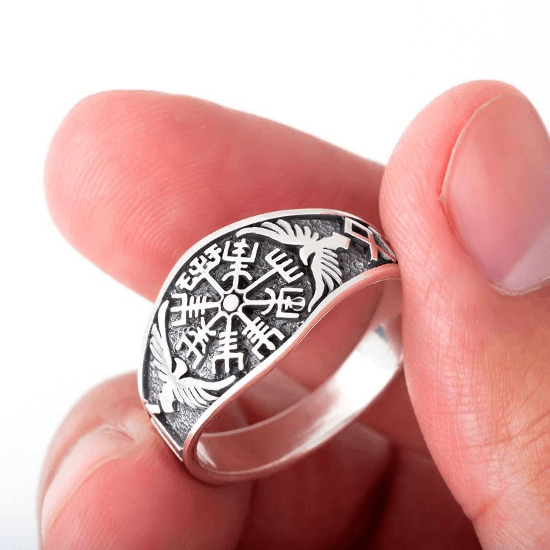 vkngjewelry Bagues VEGVISIR WITH RAVEN AND RUNES RING 925 STERLING SILVER