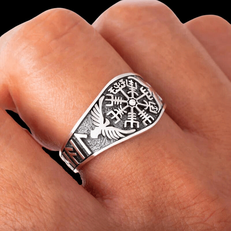 Vegvisir With Raven And Runes Ring Silver | Viking Jewelry ...