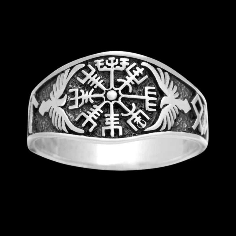 vkngjewelry Bagues Vegvisir With Raven And Runes Ring 925 Sterling Silver