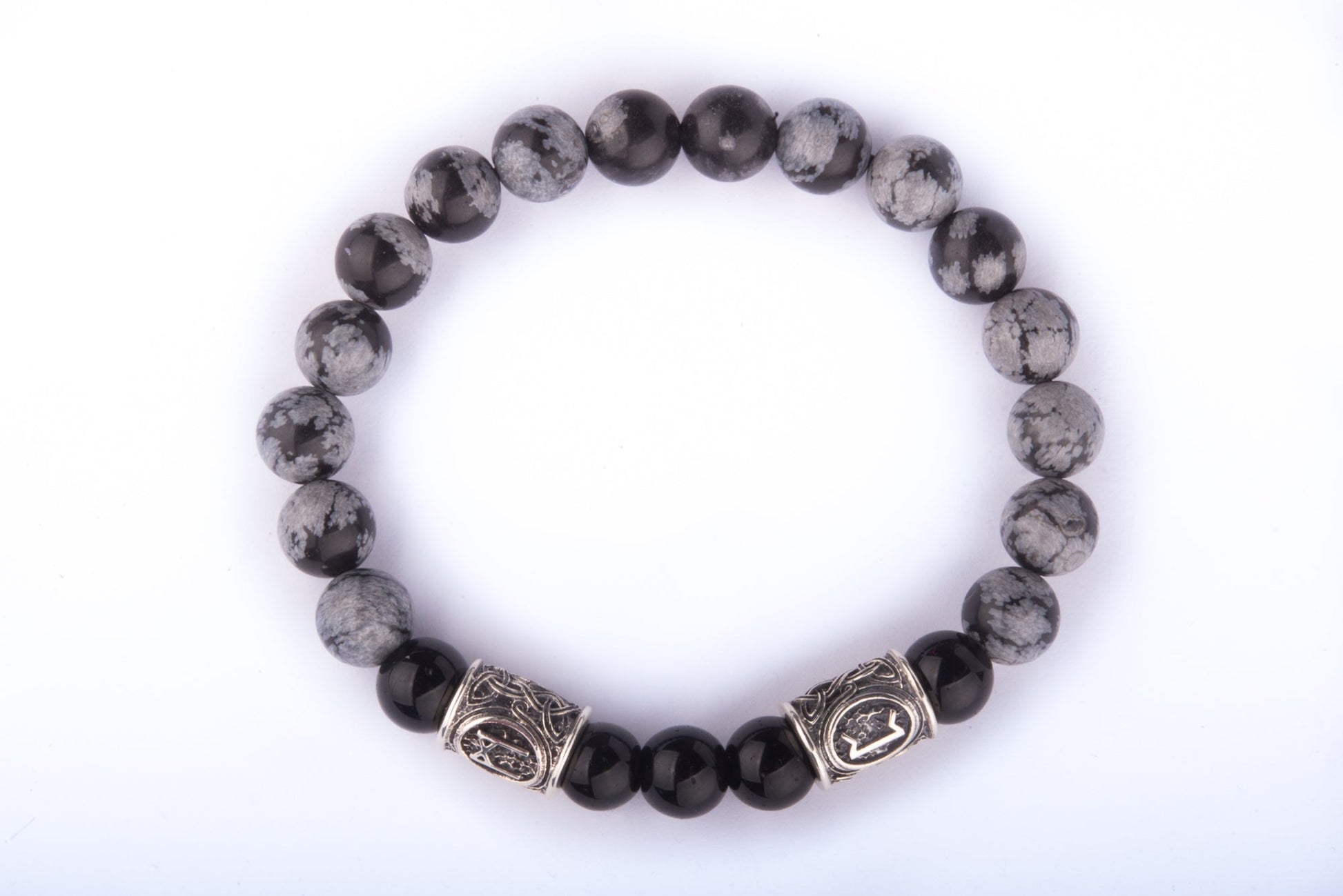 vkngjewelry Bracelet Viking Bracelet In Black Agate And Grey Obsidian With Double Rune Beads
