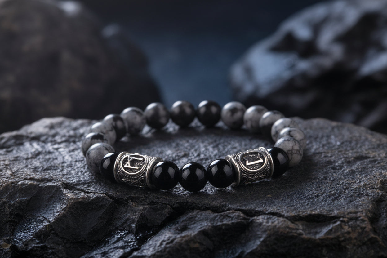 vkngjewelry Bracelet Viking Bracelet In Black Agate And Grey Obsidian With Double Rune Beads