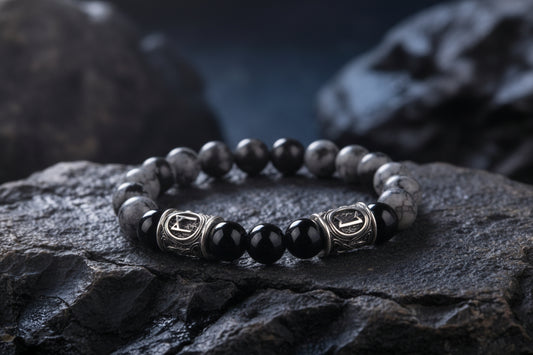 vkngjewelry Bracelet Viking Bracelet In Black Agate And Grey Obsidian With Double Rune Beads