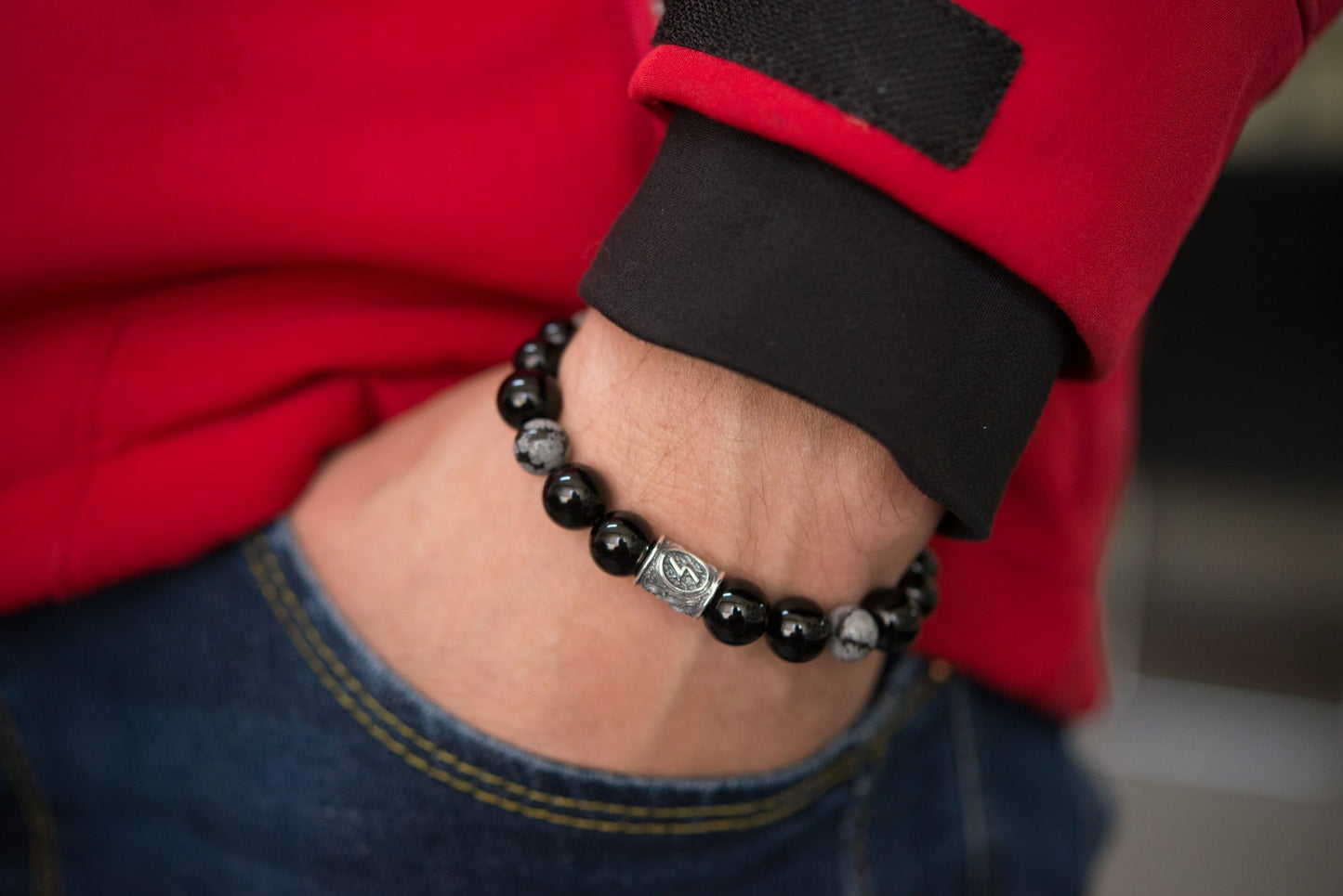 vkngjewelry Bracelet Viking Bracelet In Black Agate and Grey Obsidian With Rune Bead