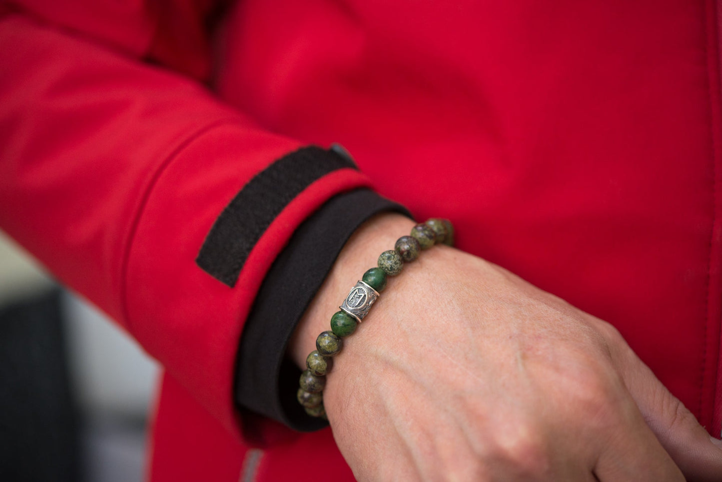 vkngjewelry Bracelet Viking Bracelet Gn Green Jasper And Nephrite With Rune Bead