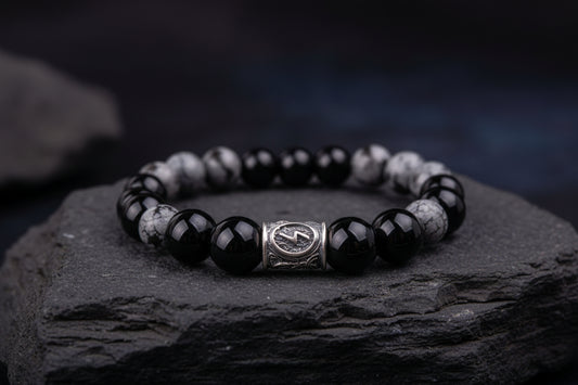 vkngjewelry Bracelet Viking Bracelet In Black Agate and Grey Obsidian With Rune Bead