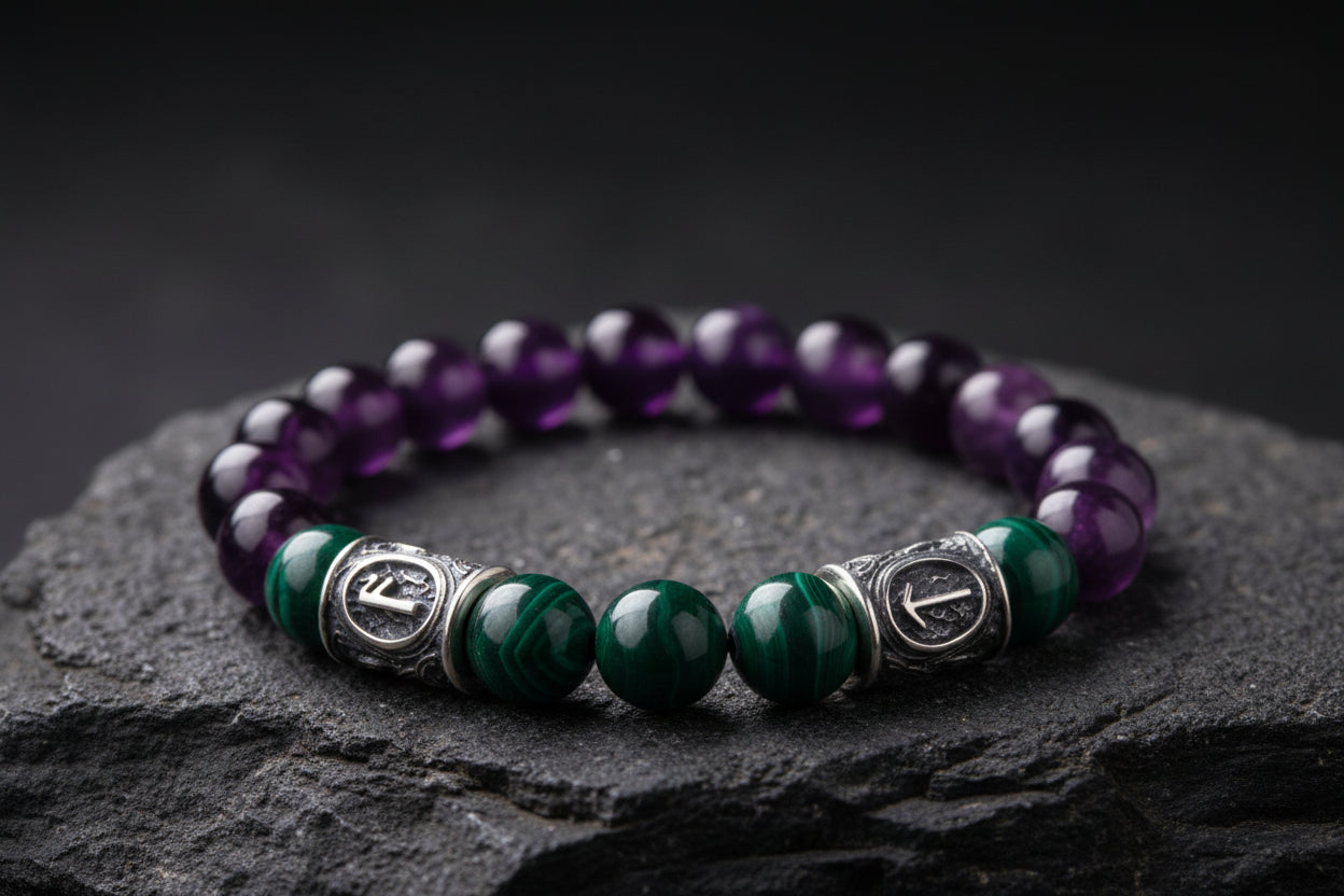 vkngjewelry Bracelet Viking Bracelet In Malachite And Purple Cat’s Eye with Double Rune Beads