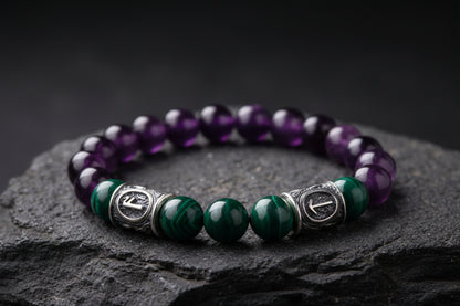 vkngjewelry Bracelet Viking Bracelet In Malachite And Purple Cat’s Eye with Double Rune Beads