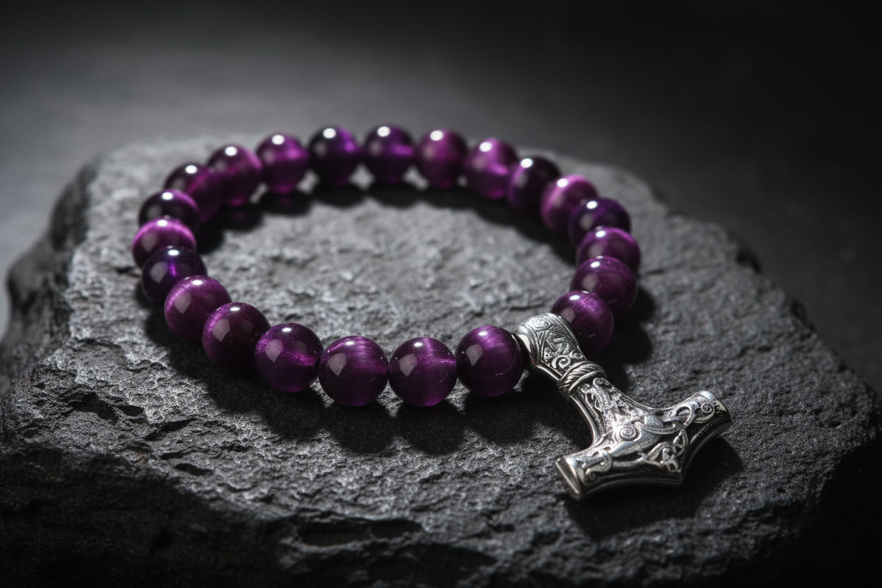vkngjewelry Bracelet Handcrafted Viking Bracelet In Purple Cat’s Eye With Mjolnir