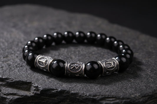 vkngjewelry Bracelet Viking Bracelet with Black Obsidian and Agate, Engraved with Ancient Runes