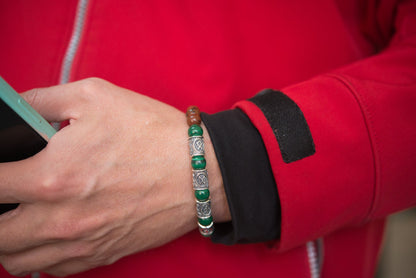 vkngjewelry Bracelet Viking Bracelet with Malachite and Red Obsidian, Engraved Runes of Odin