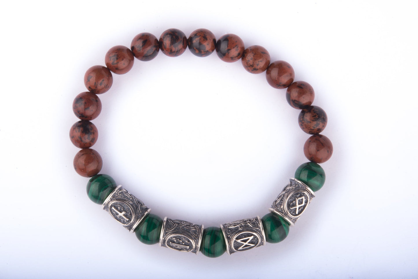 vkngjewelry Bracelet Viking Bracelet with Malachite and Red Obsidian, Engraved Runes of Odin