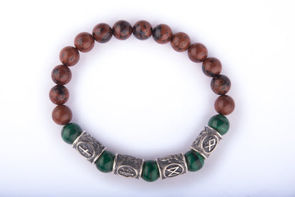 vkngjewelry Bracelet Viking Bracelet with Malachite and Red Obsidian, Engraved Runes of Odin
