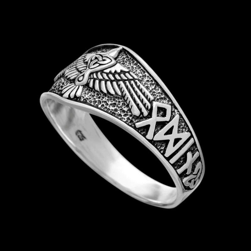 vkngjewelry Bagues Raven With Heil Odin Runic Script Ring 925 Sterling Silver