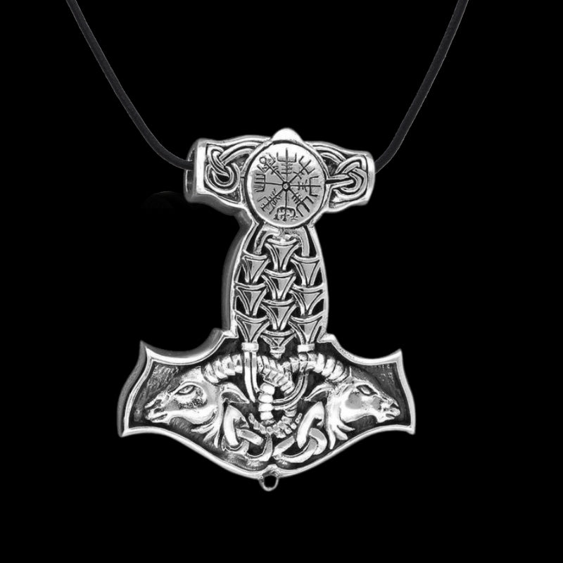 vkngjewelry Pendant Thor Hammer Mjolnir Goat Norse Vegvisir Amulet 925 Serling Silver Pendant