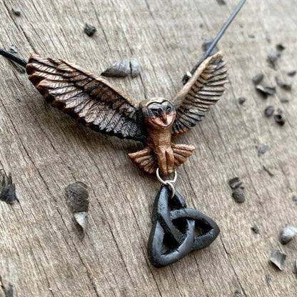 vkngjewelry Pendant Unique Mixed Wood Barn Owl and Triquetra Pendant