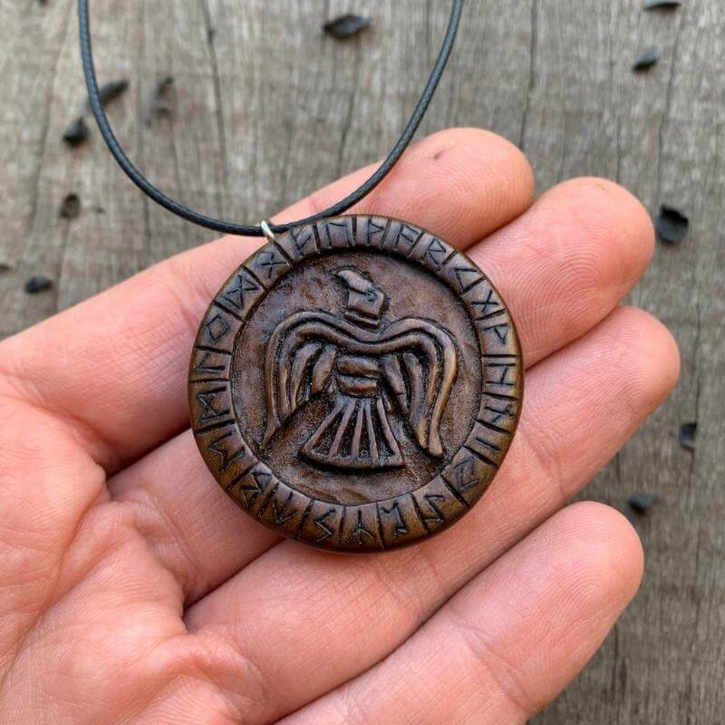 vkngjewelry Pendant Unique Walnut Wood Viking Raven and Runes Pendant