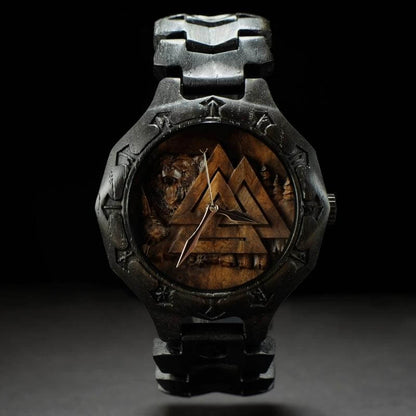 Handmade Valknut and Bear Viking Wooden Watch - Main Image