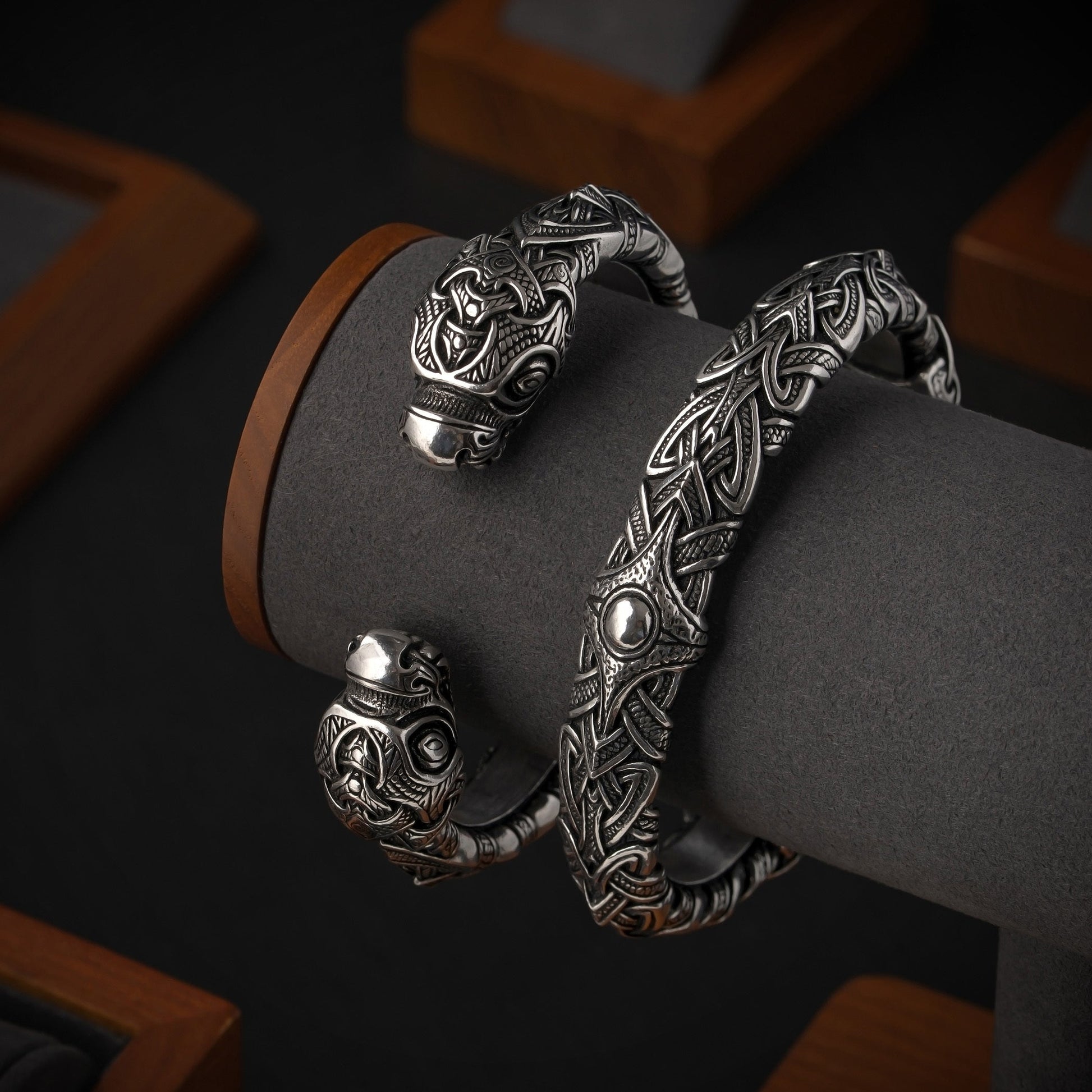 vkngjewelry Bracelet Viking Armring With Serpent Heads - Norse Cuff Jormungandr