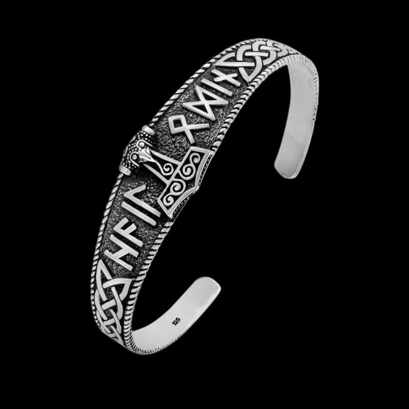 vkngjewelry Bracelet 925 Sterling Silver Mjolnir With Hail Odin Runes Bangle