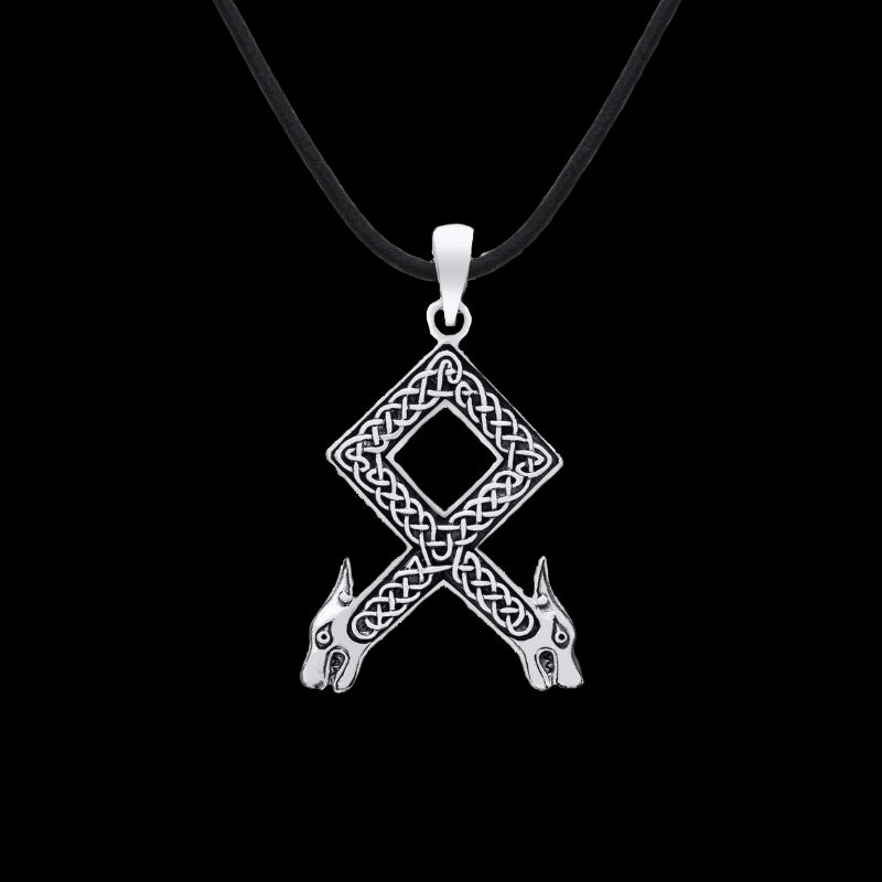 vkngjewelry Pendant Othala Rune Wolf Heads Knotwork Sterling Silver Pendant