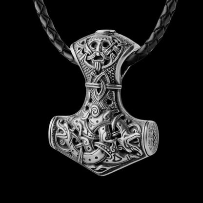 vkngjewelry Pendant Mjolnir Size Extra Large Thor’s Hammer Sterling Silver Pendant + Braided leather cord