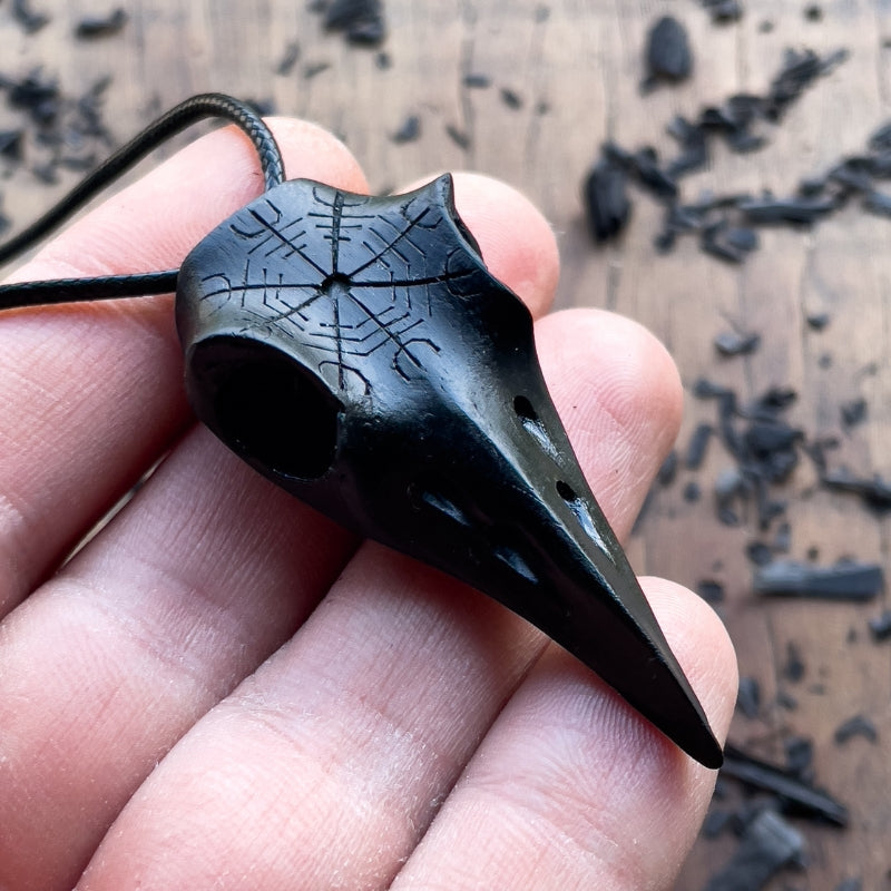 vkngjewelry Pendant Handcarved Unique Walnut Wood Raven's Skull With Helm OF Awe Pendant  - Ebony wood