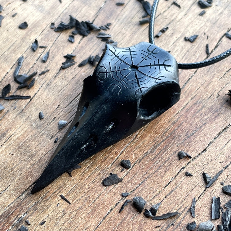 vkngjewelry Pendant Handcarved Unique Walnut Wood Raven's Skull With Helm OF Awe Pendant  - Ebony wood