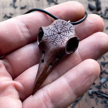 vkngjewelry Pendant Handcarved Unique Walnut Wood Raven's Skull With Helm OF Awe Pendant