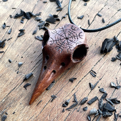 vkngjewelry Pendant Handcarved Unique Walnut Wood Raven's Skull With Helm OF Awe Pendant