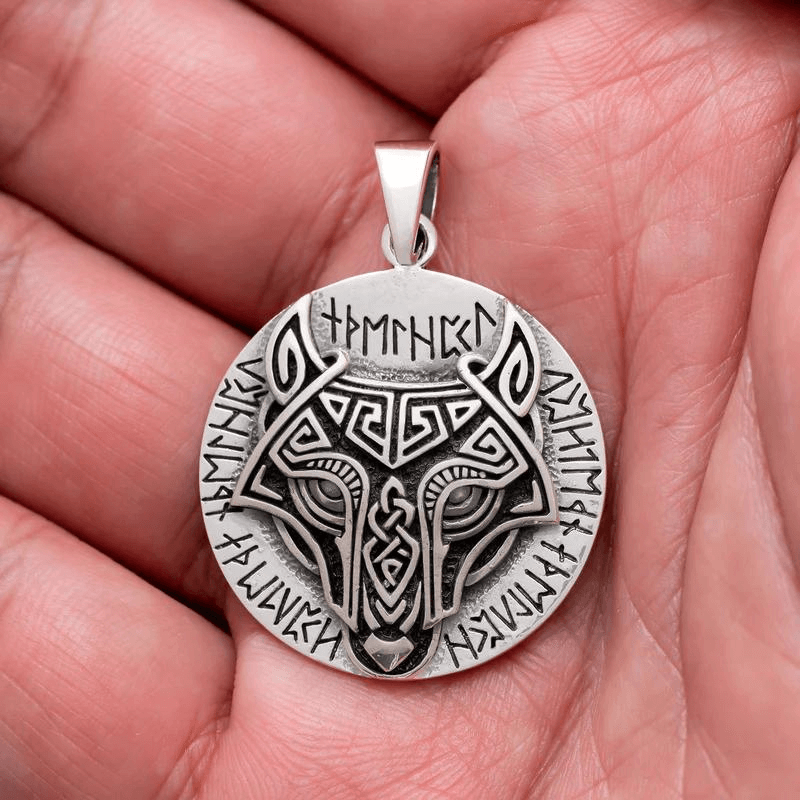 vkngjewelry Pendant Wolf Head with Runes 925 STERLING SILVER PENDANT