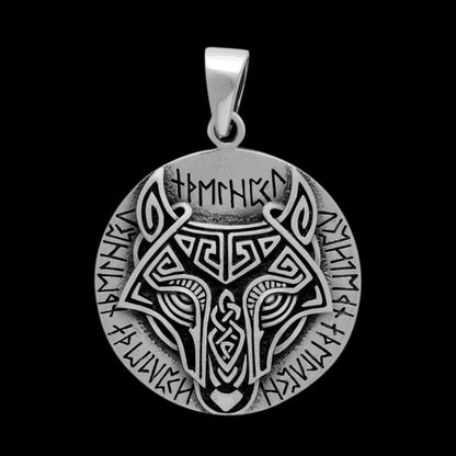 vkngjewelry Pendant Wolf Head With Runes 925 Sterling Silver Pendant