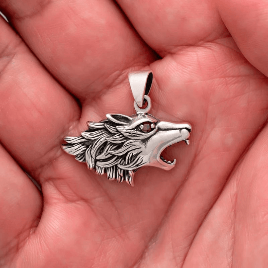 vkngjewelry Pendant Wolf Head with Red Cubic Zirconia Eye 925 STERLING SILVER PENDANT