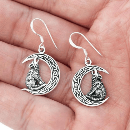 vkngjewelry Earring Wolf on Crescent Moon  925 Sterling Silver Earrings