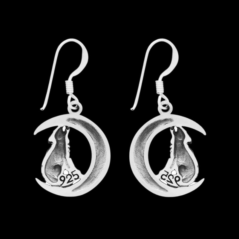 vkngjewelry Earring Wolf on Crescent Moon  925 Sterling Silver Earrings