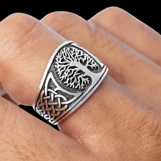 vkngjewelry Bagues Yggdrasil with Celtic Knotwork Sterling Silver Ring